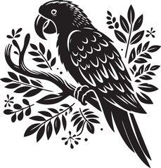 Tropical parrot silhouette with feathers and wings