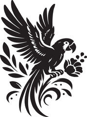 Tropical parrot silhouette with feathers and wings