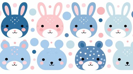 A seamless pattern with cute cartoon rabbits and bears in blue and pink colors.