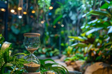 An hourglass with sand trickling down is in sharp focus in the foreground, symbolizing urgency, while a lush, dense rainforest teeming with biodiversity stretches out in the soft-focus background