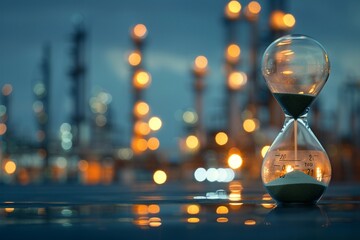 An hourglass with sand trickling down is in sharp focus in the foreground, symbolizing the passage of time, with the blurred image of an industrial oil refinery operating in the background