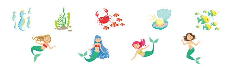 Cute Mermaid Fairy Character with Female Body and Fish Tail Vector Set