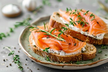 Smoked salmon and cream cheese on plate green background - obrazy, fototapety, plakaty