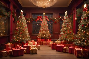 Christmas trees lit up with red and gold garlands, surrounded by red boxes filled with gifts, and a forest filled with star-shaped snowflakes