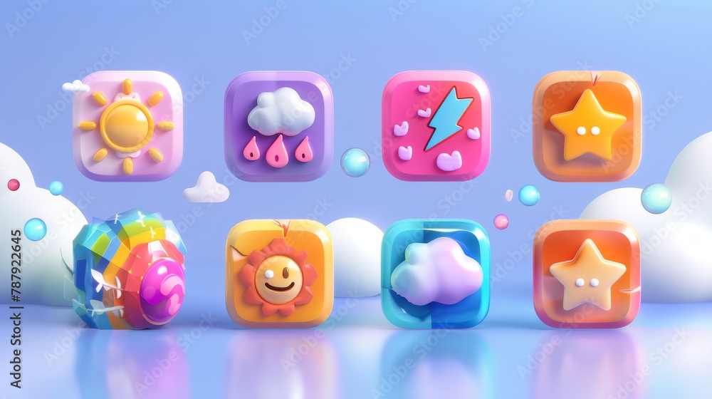 Poster 3d render weather app icons, widget interface elements isolated set. web or mobile application ui de