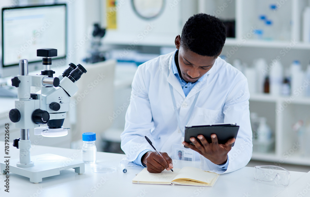 Poster science, researcher and black man writing, tablet and notes for experiment and test scores with conn
