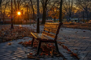 Naklejka premium Solitary bench at sunset in the park