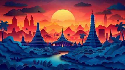 Artistic Thailand landmarks in paper cut, welcoming travel poster, space for copy - obrazy, fototapety, plakaty