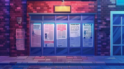 Cartoon modern illustration of a street newsstand with newspapers on the sidewalk against a brick wall at night. Title of a publication about crime appears on the front page of the publication. - obrazy, fototapety, plakaty