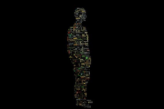 Silhouetted human figure composed of various algorithms and programming code on a solid black background