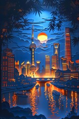 Illuminated Cityscape Reflection on Rippling Water in Fantastical Nighttime Landscape - obrazy, fototapety, plakaty