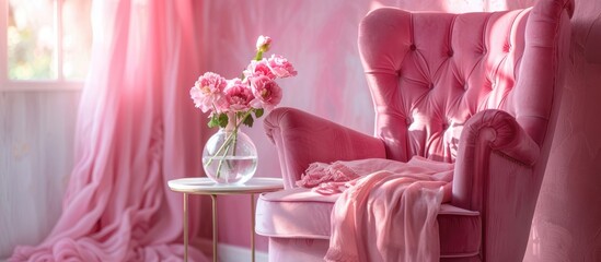 Fototapeta na wymiar Pink vintage chair in lovely pink room with soft-colored bedding on the bed and a glass vase of flowers on the table.