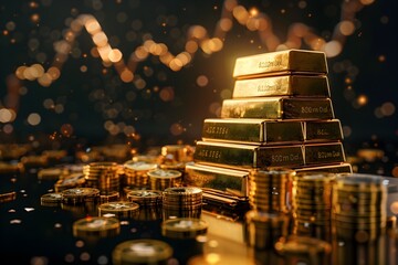 Stacked Golden Bars and Financial Growth Chart on Glimmering Background