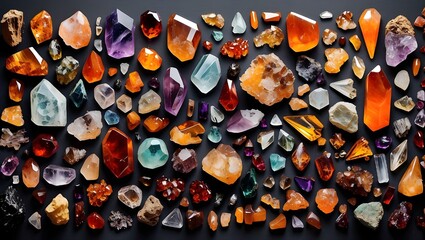 Gorgeous assortment of minerals, jewels, and crystals set against a black backdrop. Luxurious backdrop, carnelian, amethyst, nuggets, amber, agate, quartz stone, and glass prism - obrazy, fototapety, plakaty