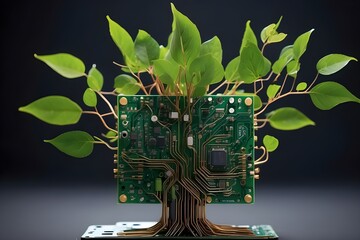 An example of generative AI that shows the idea of technology is a digitally produced image of a ree with leaves sprouting from a circuit board.