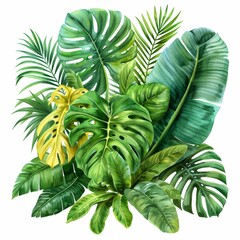 A watercolor painting of a lush arrangement of tropical leaves in various shades of green.