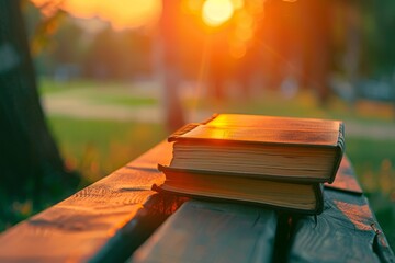 Stack of hardcover books and open book on bench in sunset park with nature background Back to...
