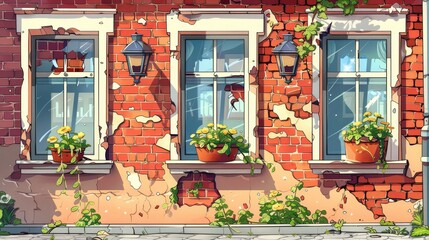 Fototapeta na wymiar Vintage outdoor lamps in vintage window frames, cracks and damage on red brick wall of an old apartment building. Neighborhood cartoon modern illustration.