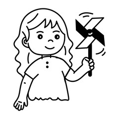 Girl playing with toy fan, doodle style icon 