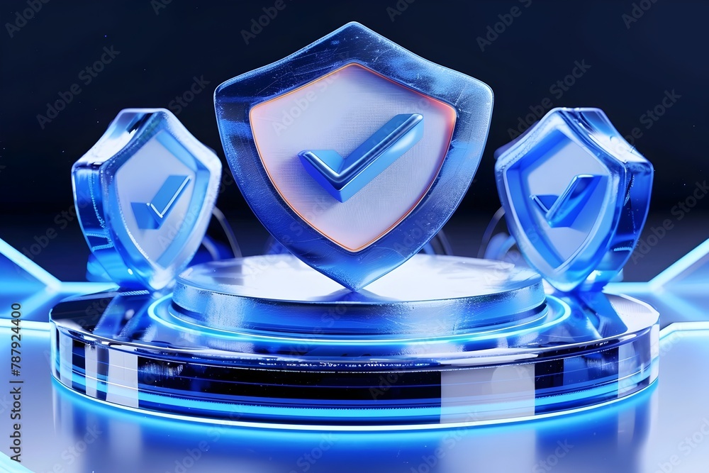 Poster sleek 3d shield icon with check mark in futuristic technology background on glass platform