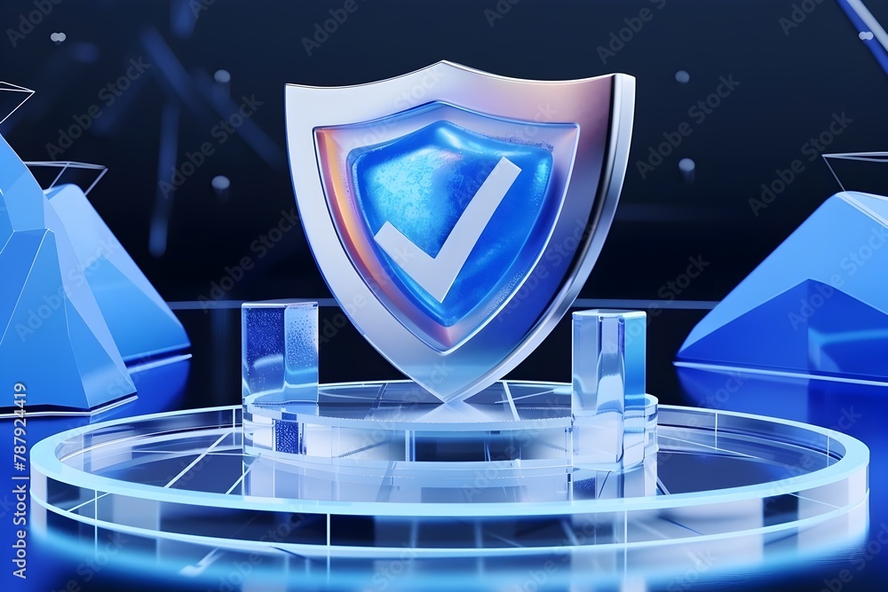 Poster secure 3d shield icon with gradient background and checkmark symbol in futuristic technology environ