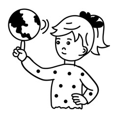 Girl spinning globe on finger, doodle style icon 
