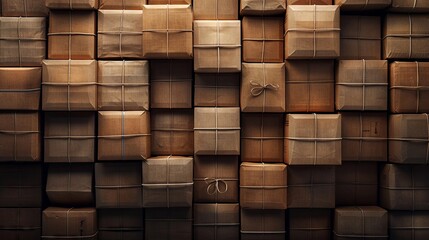 Neatly stacked brown boxes, with container, shipping theme, space for text