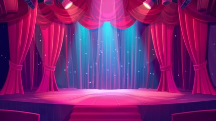 A modern cartoon illustration of closed red drapery curtains on a stage at a show or festival. Illuminated by spotlights. - obrazy, fototapety, plakaty