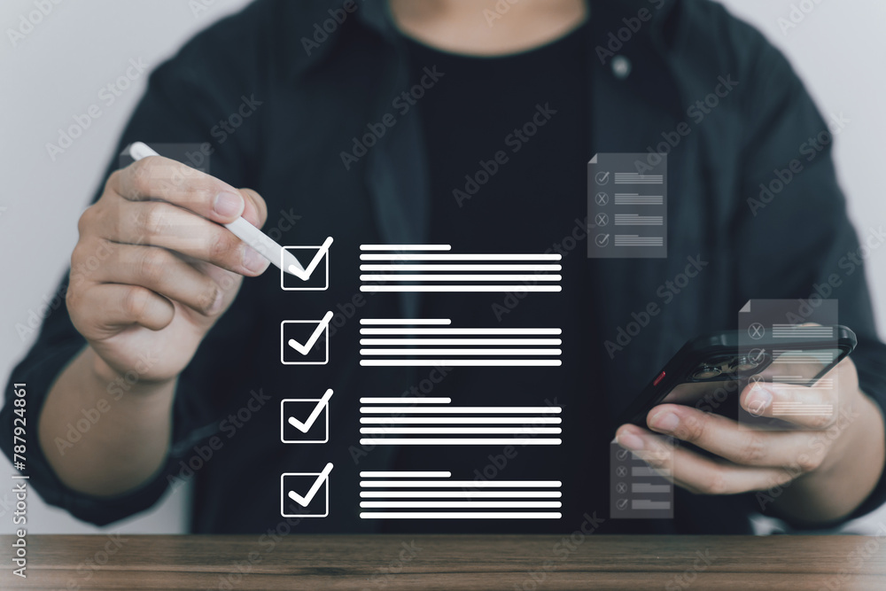 Poster digital data for smart checklist on virtual screens business people check digital documents paperles