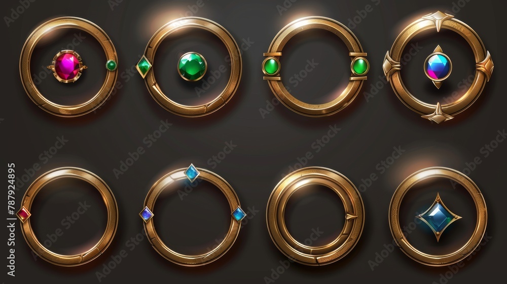Aufkleber an empty circle gold frame in medieval style for game user interface design. a modern cartoon set of