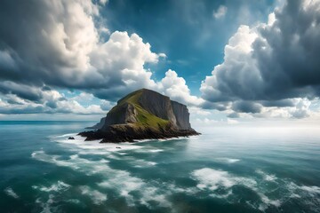 A coastal panorama with cliffs rising against the backdrop of a cloud-studded summer sky.