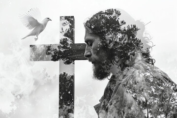 Sacred double exposure, Jesus and cross with white pigeon above - obrazy, fototapety, plakaty