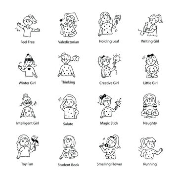 Collection of Doodle Icons Depicting Little Girls 

