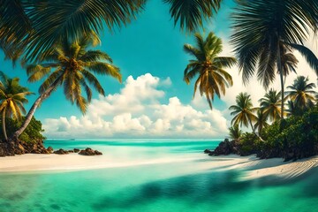 A tropical beach panorama, palm trees framing the sandy shore in the bliss of summer.
