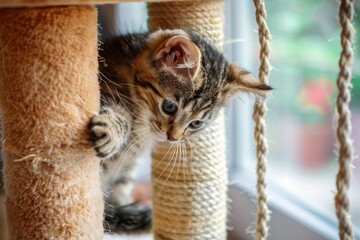 Striped kitten sharpens claws on cat scratching post at home