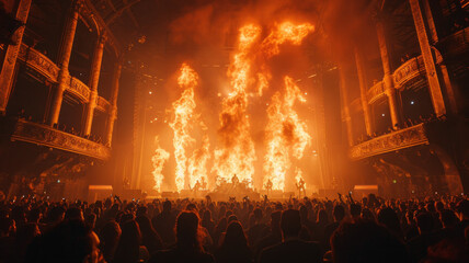 Fototapeta na wymiar auditorium at a metal concert and a fiery stage in the distance.generative ai
