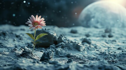 Surviving flower on moon landscape, ample copy space.