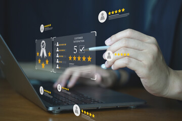 Customer review good rating concept, hand pressing user and five star icon on visual screen for positive customer feedback, testimonial and testimony, user comment and feedback for review