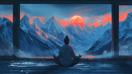  Peaceful Meditation in a Room with a Panoramic View of a Sunset Mountain Range - obrazy, fototapety, plakaty
