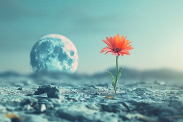 Symbol of hope, flower on desolate moon, clear sky backdrop.