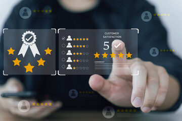 Customer review good rating concept, hand pressing user and five star icon on visual screen for positive customer feedback, testimonial and testimony, user comment and feedback for review.