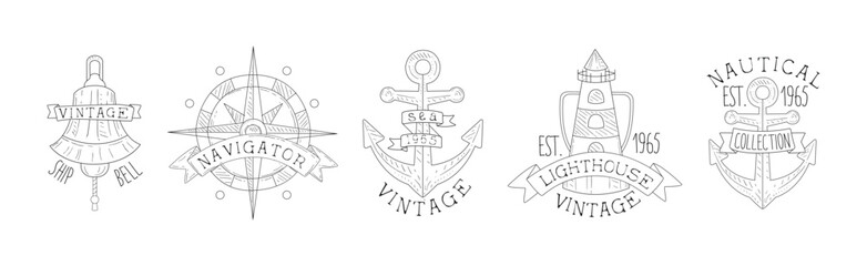 Vintage Nautical Marine Element and Item Linear Vector Set