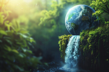 Vibrant Earth globe, waterfall setting, Earth Day poster.