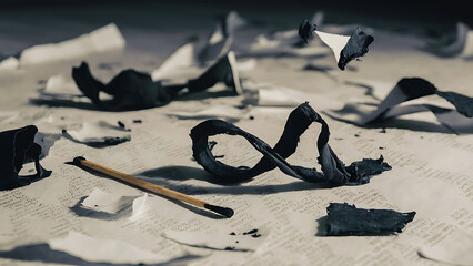 A haunting scene of charred paper scraps scattered across a white texture, accompanied by a burnt match. Generative AI