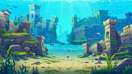 Fotobehang An underwater scene depicting the ruins of Atlantis. Ancient buildings lying deep below the surface. Sea bottom landscape with sunken ancient monuments, modern cartoon illustration. © Mark