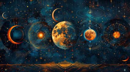 Abstract illustration depicting moon phases with stars and geometric patterns. lunar calendar.