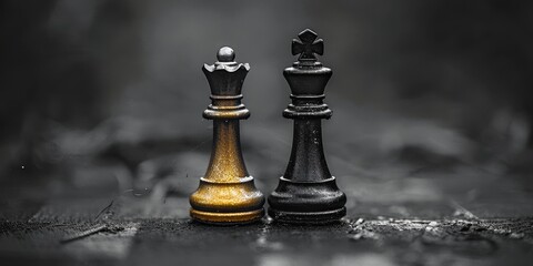 Black and Gold Chess Set on Table. Generative AI - obrazy, fototapety, plakaty