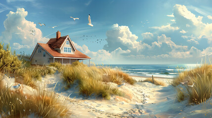 illustration of a house alone on the beach - obrazy, fototapety, plakaty
