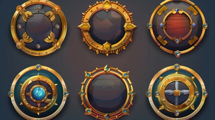 Fantasy round game frames isolated on a white background. Modern cartoon illustration of fancy gold borders decorated with ornaments and gems. UISign of royal rank.