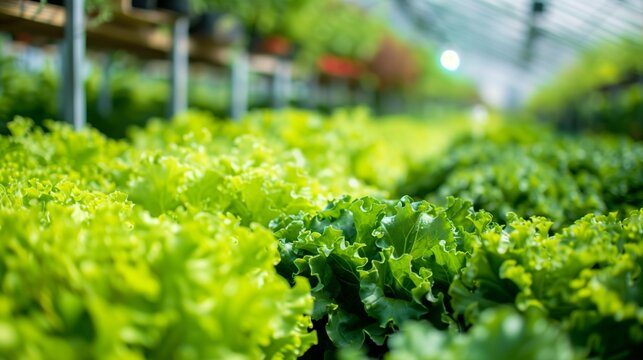 A vast greenhouse facility showcasing rows of lush, organic vegetables grown using advanced hydroponic technology, with plants nurtured in nutrient-rich water solutions.